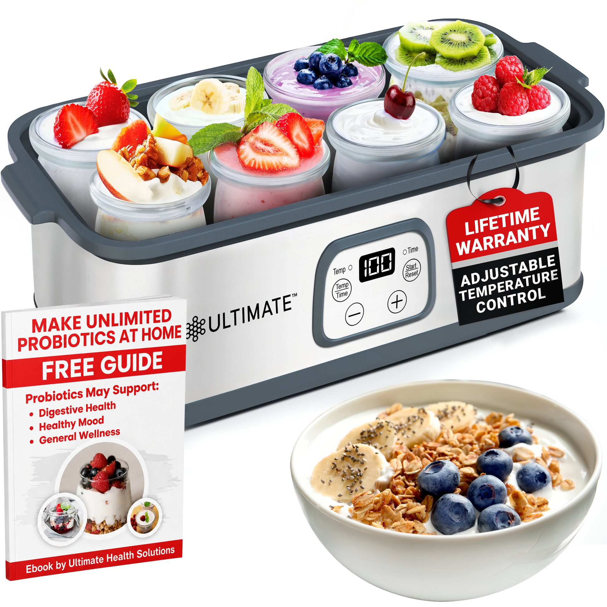 Ultimate Probiotic Yogurt Maker | Buy Now & Get 16 FREE 6 oz BPA-Free Glass Jars + 2 FREE Packs of Oats + 1 FREE Honey