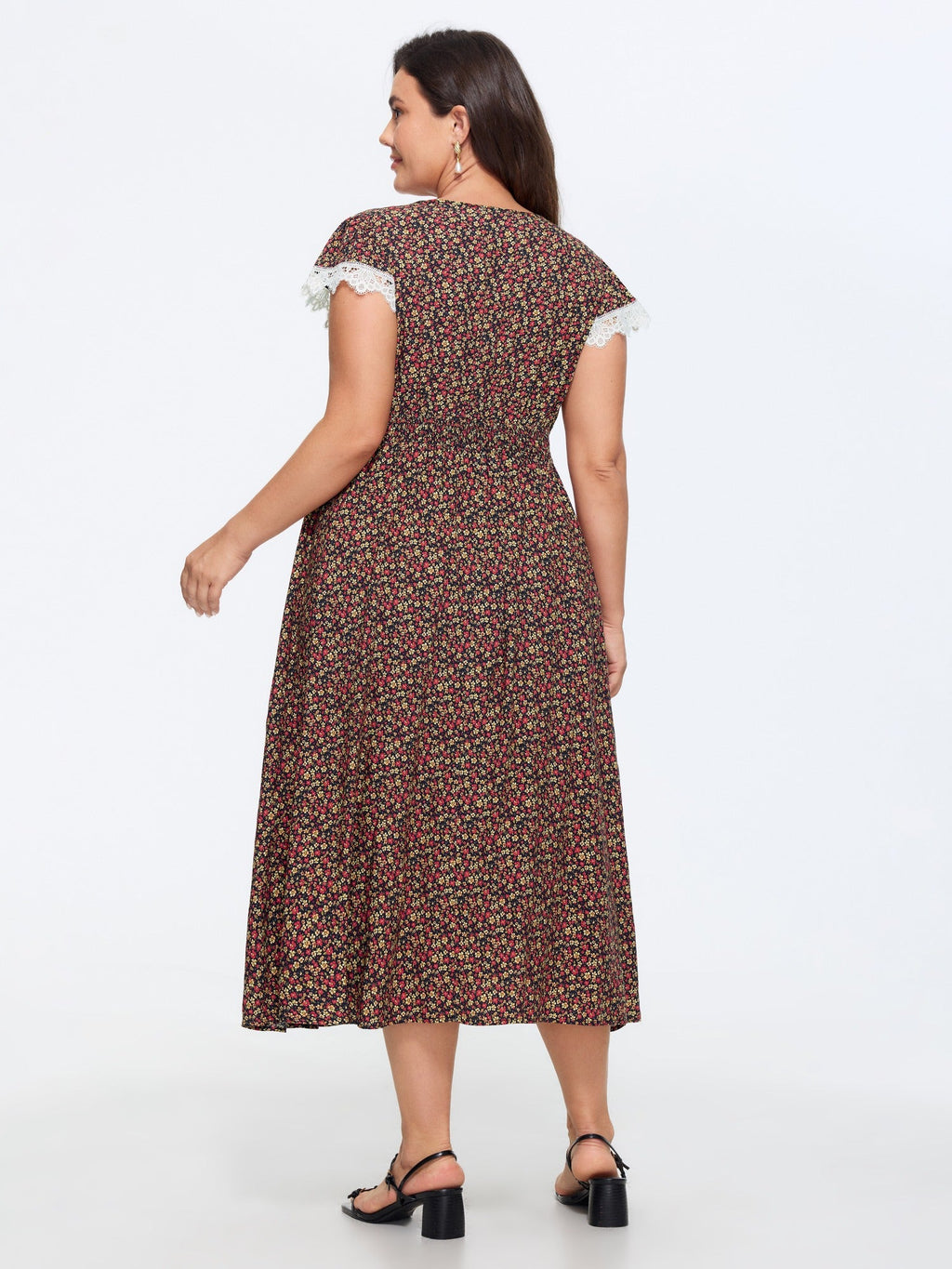 Micro-Floral Print Lace Trim Midi Dress