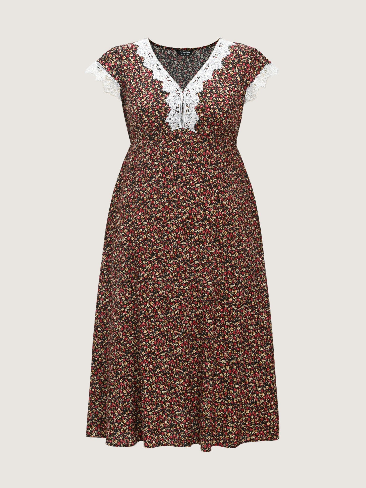 Micro-Floral Print Lace Trim Midi Dress
