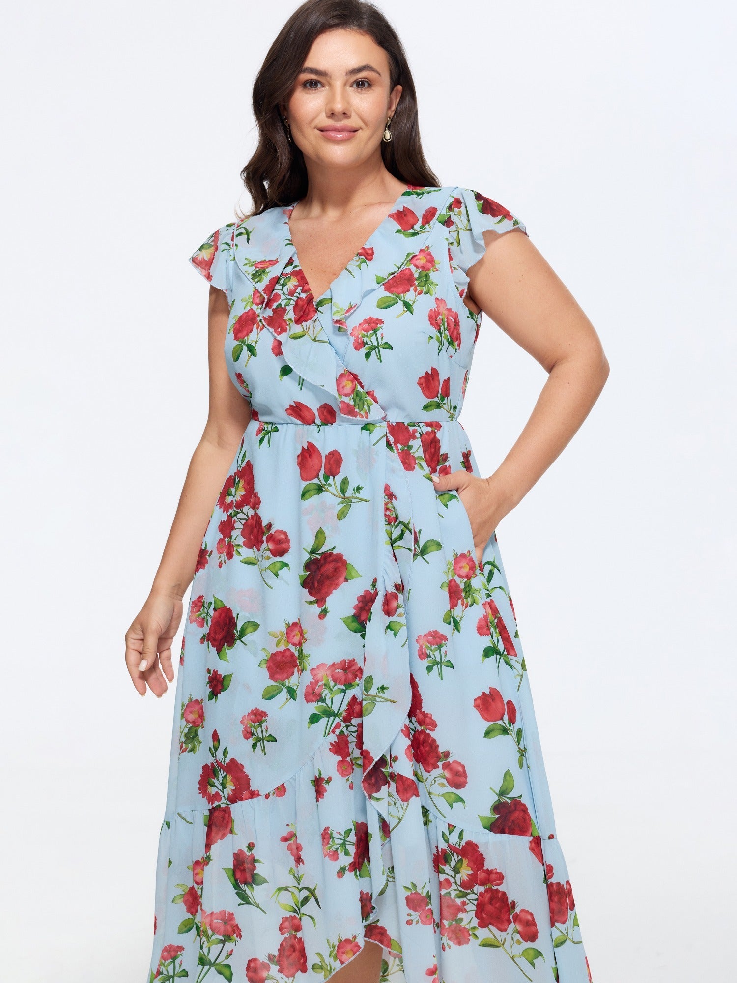 Floral Print Ruffled Neckline Flowy Midi Dress