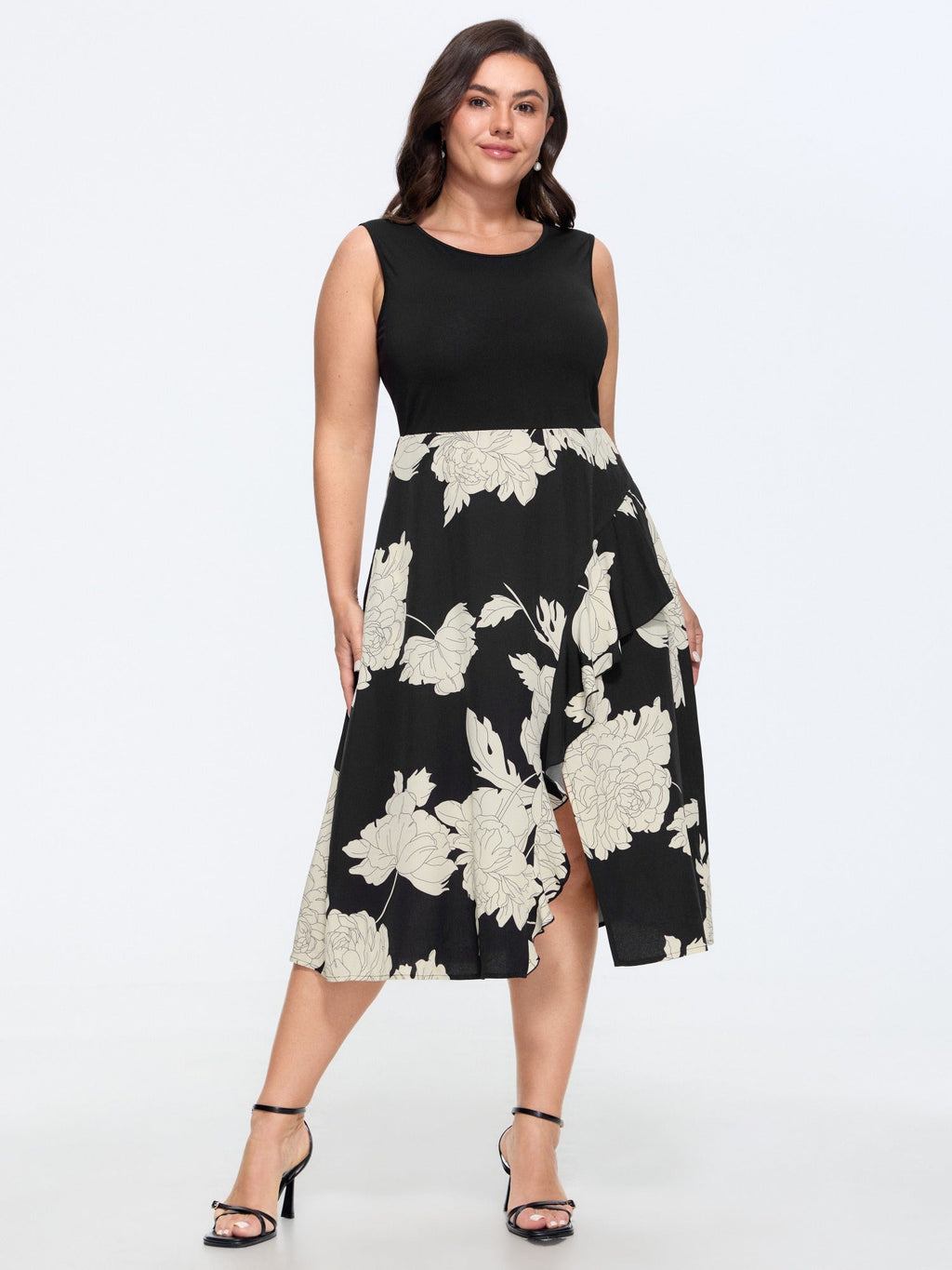 Floral Print Color Contrast Sleeveless Midi Dress