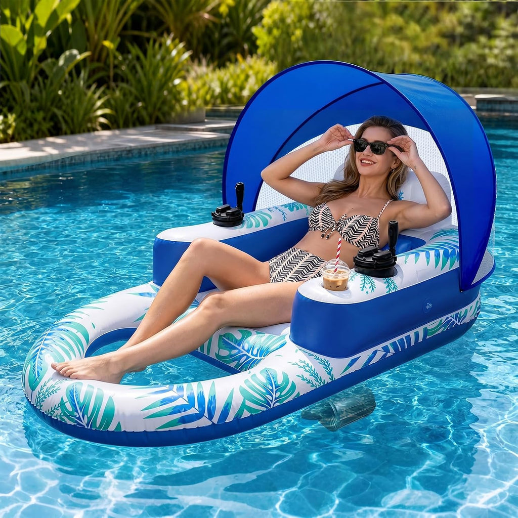 Motorized Pool Float with Canopy, Rechargeable Motorized Floats Lounger for Adults with Dual Motors, Lake Floats Adult Size with Cup Holder for Party