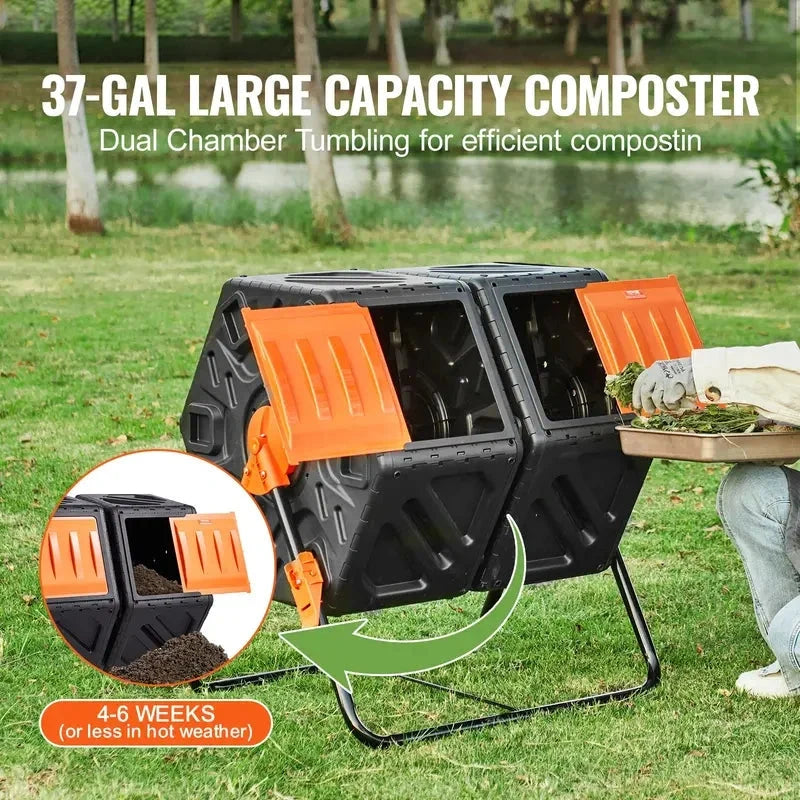 Dual Rotating Compost Tumbler Bin Heavy Duty Outdoor Garden Composter with Accessories