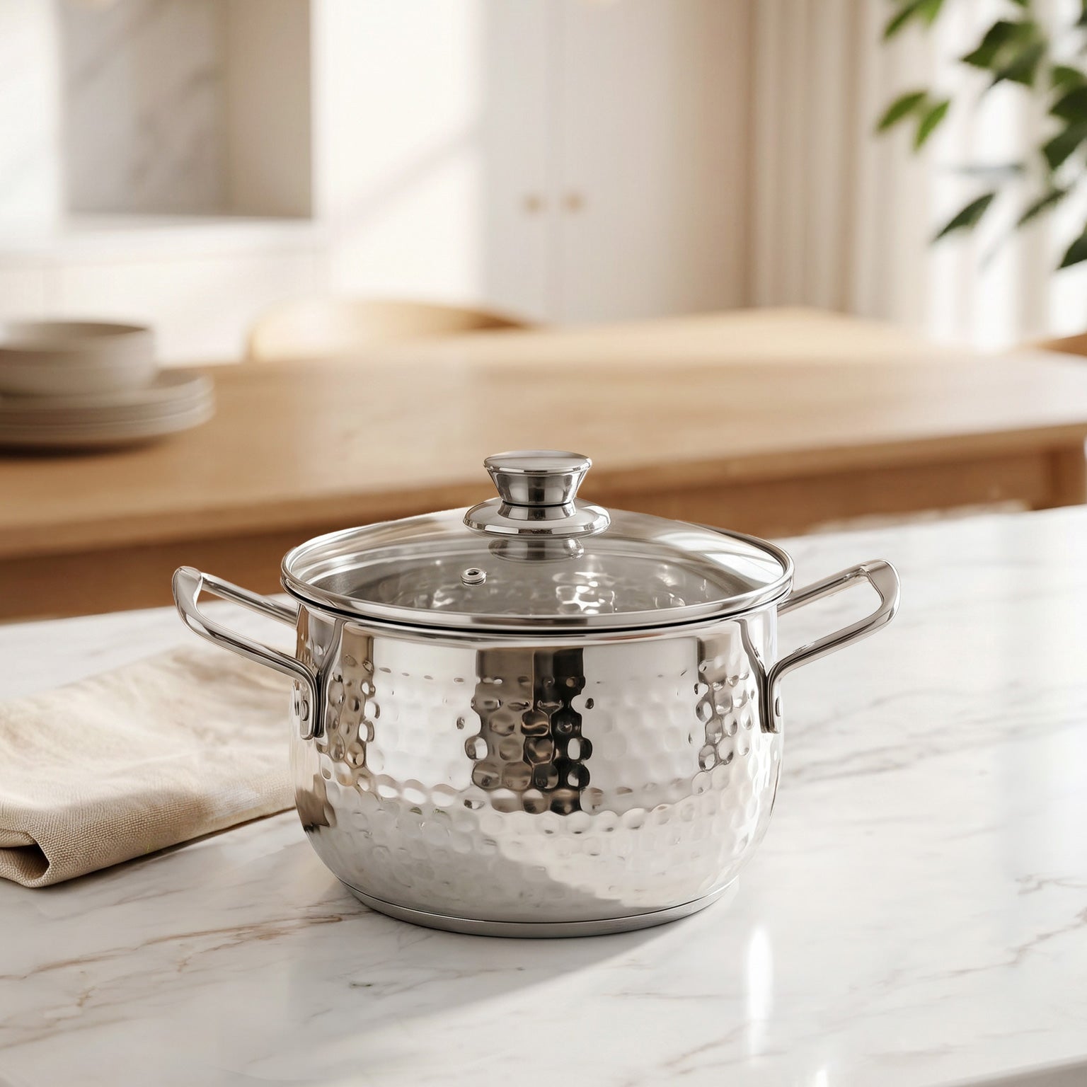 Steel Hammered Serving Handi With Glass Lid 1250ml