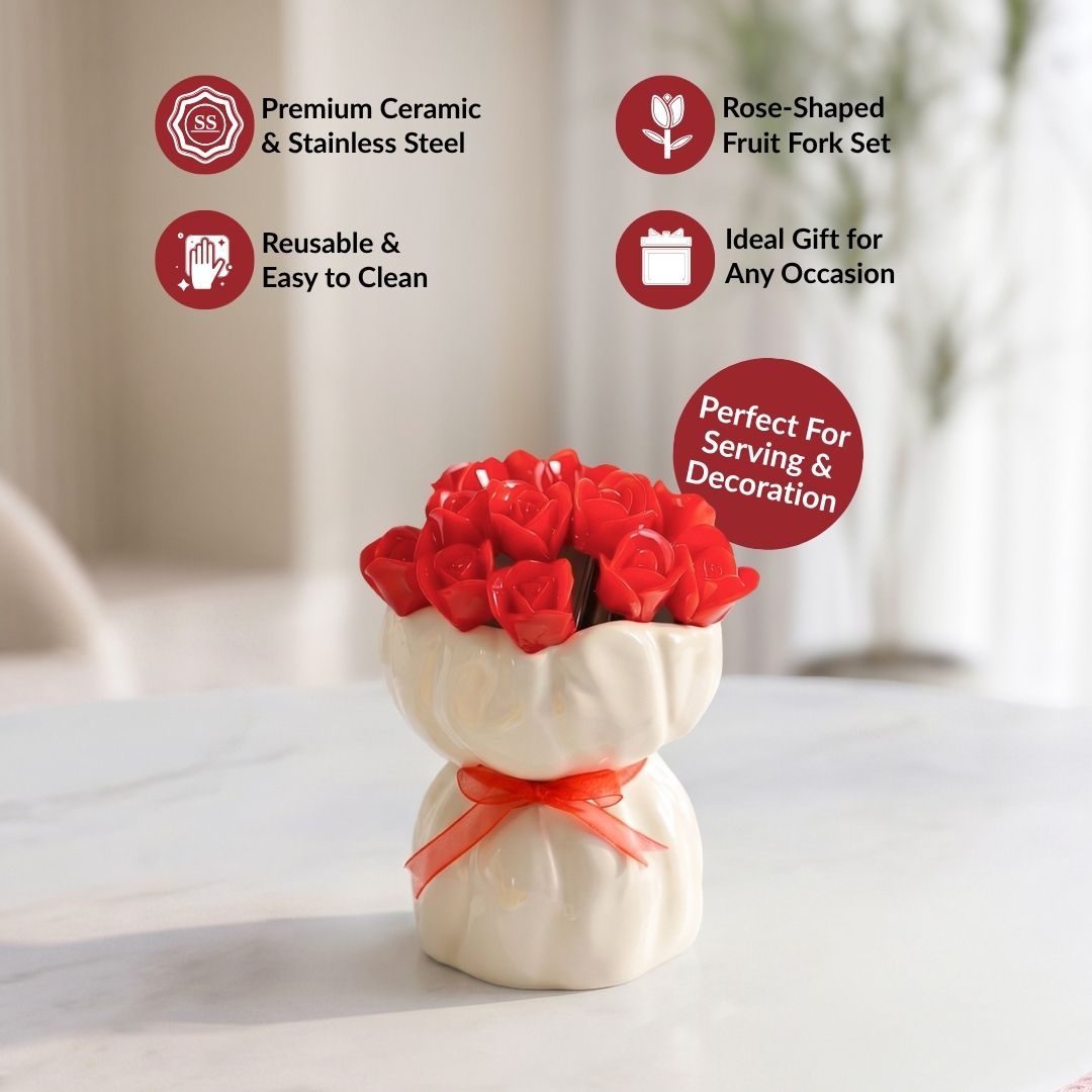 Red Rose Fruit Fork With Ceramic Vase Set Of 13
