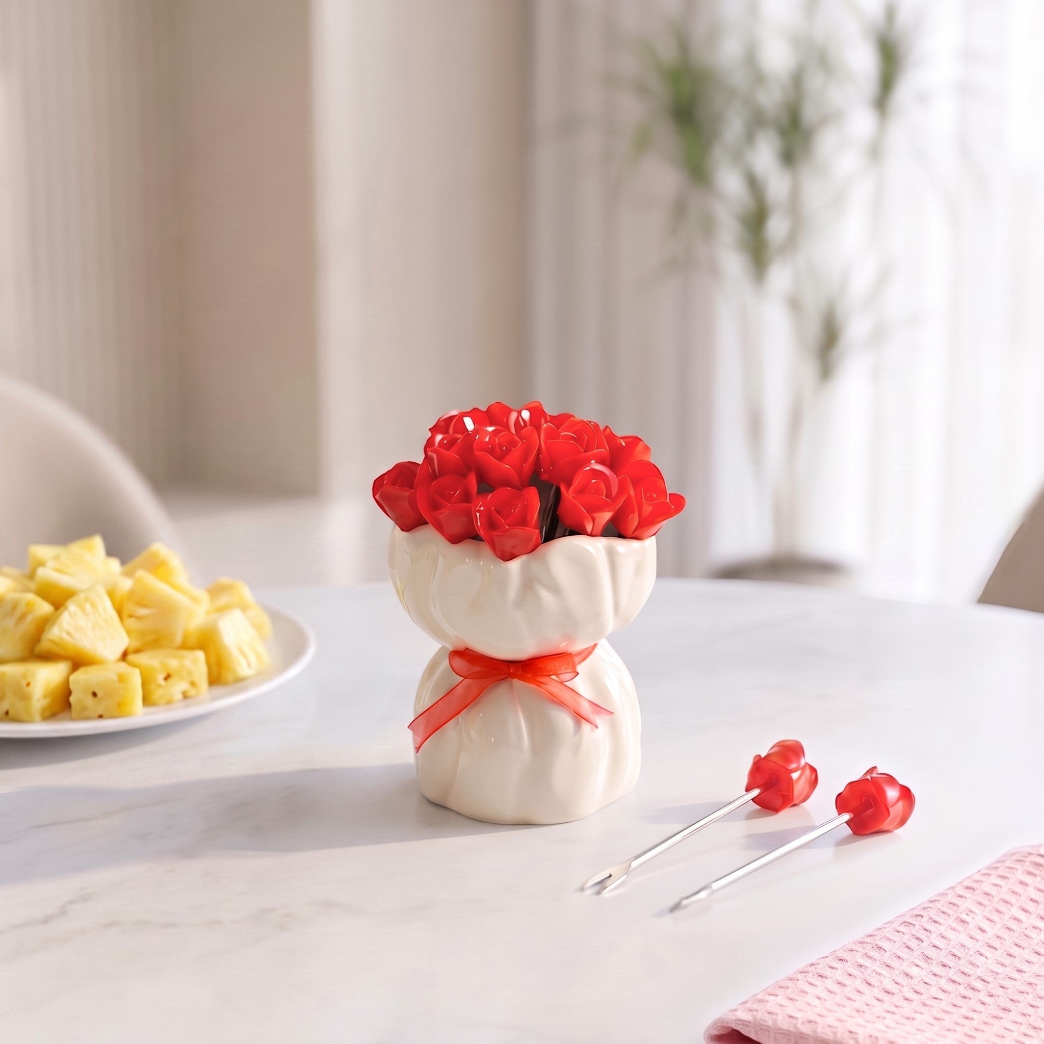 Red Rose Fruit Fork With Ceramic Vase Set Of 13