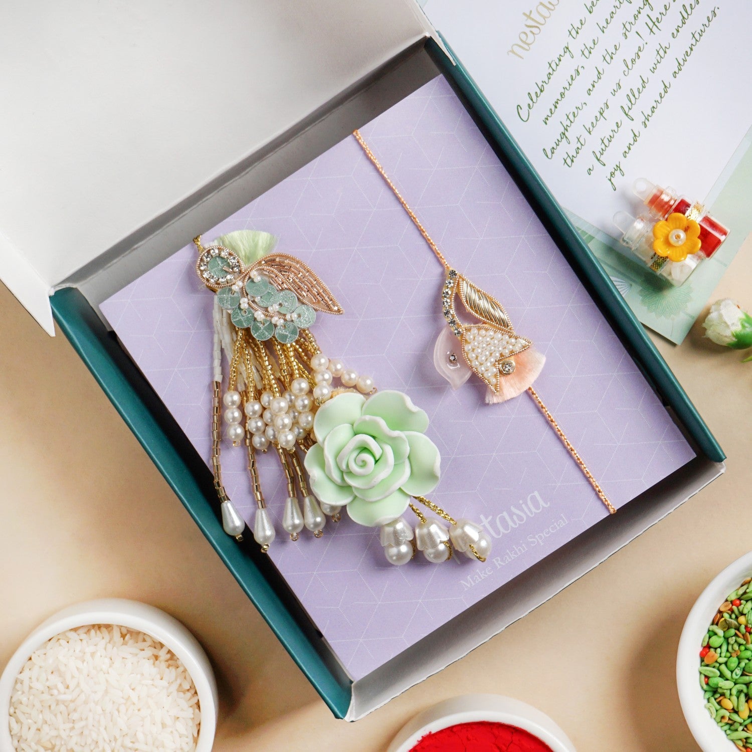Green Pearl Rakhi And Lumba Set
