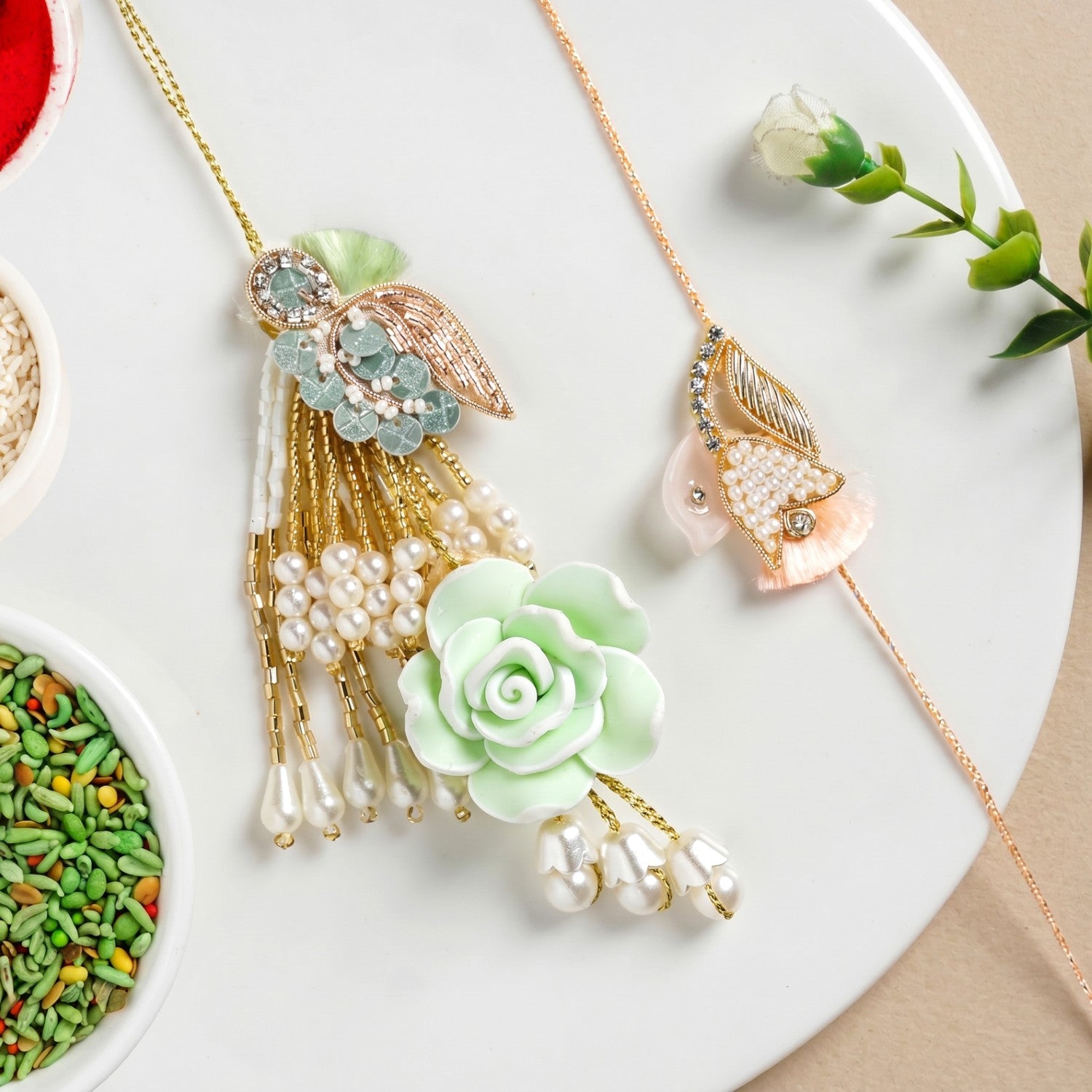 Green Pearl Rakhi And Lumba Set