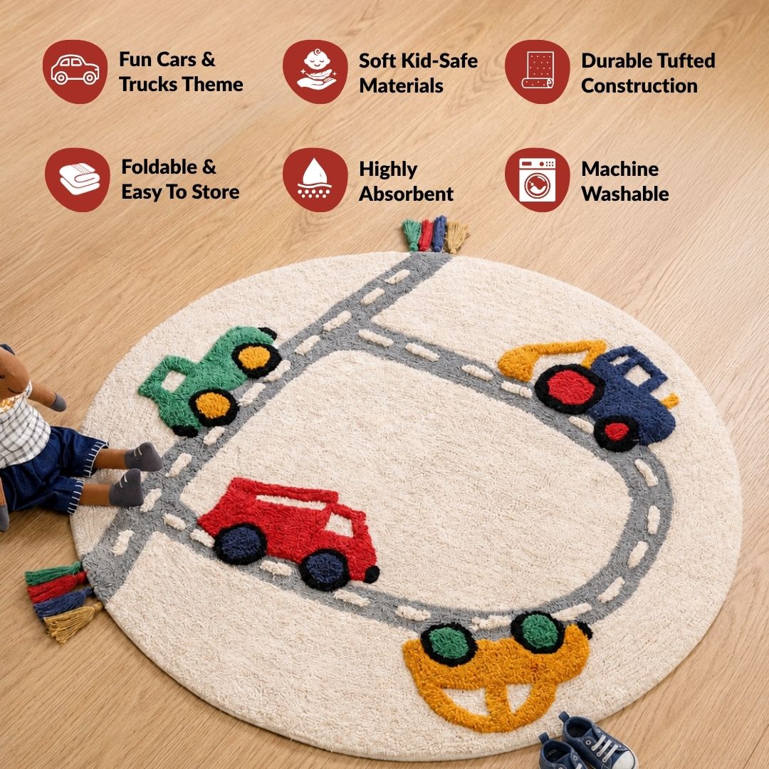 Street Cars Soft Cotton Kids Rug 100cm