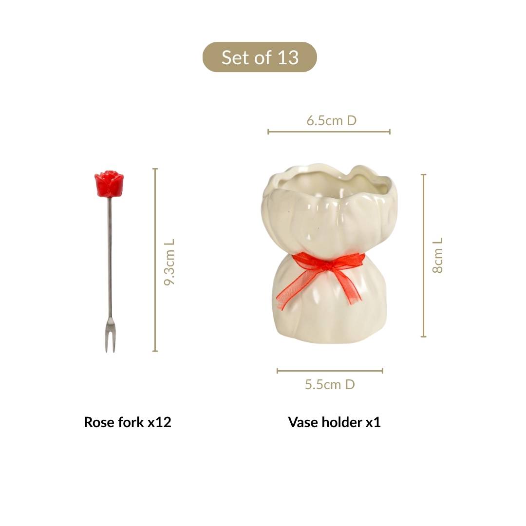 Red Rose Fruit Fork With Ceramic Vase Set Of 13