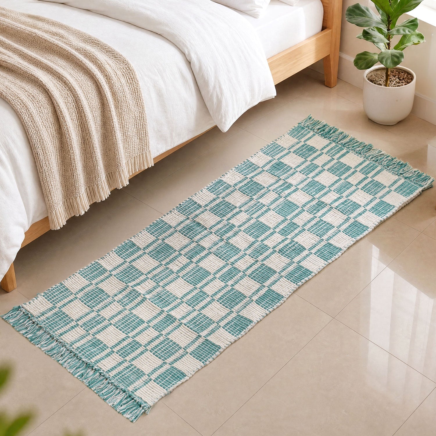 Teal Tide Fringe Cotton Floor Runner 130x50cm
