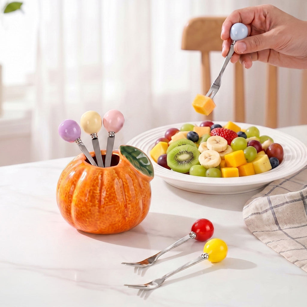 Orange Fruit Fork Set With Ceramic Holder Set Of 7