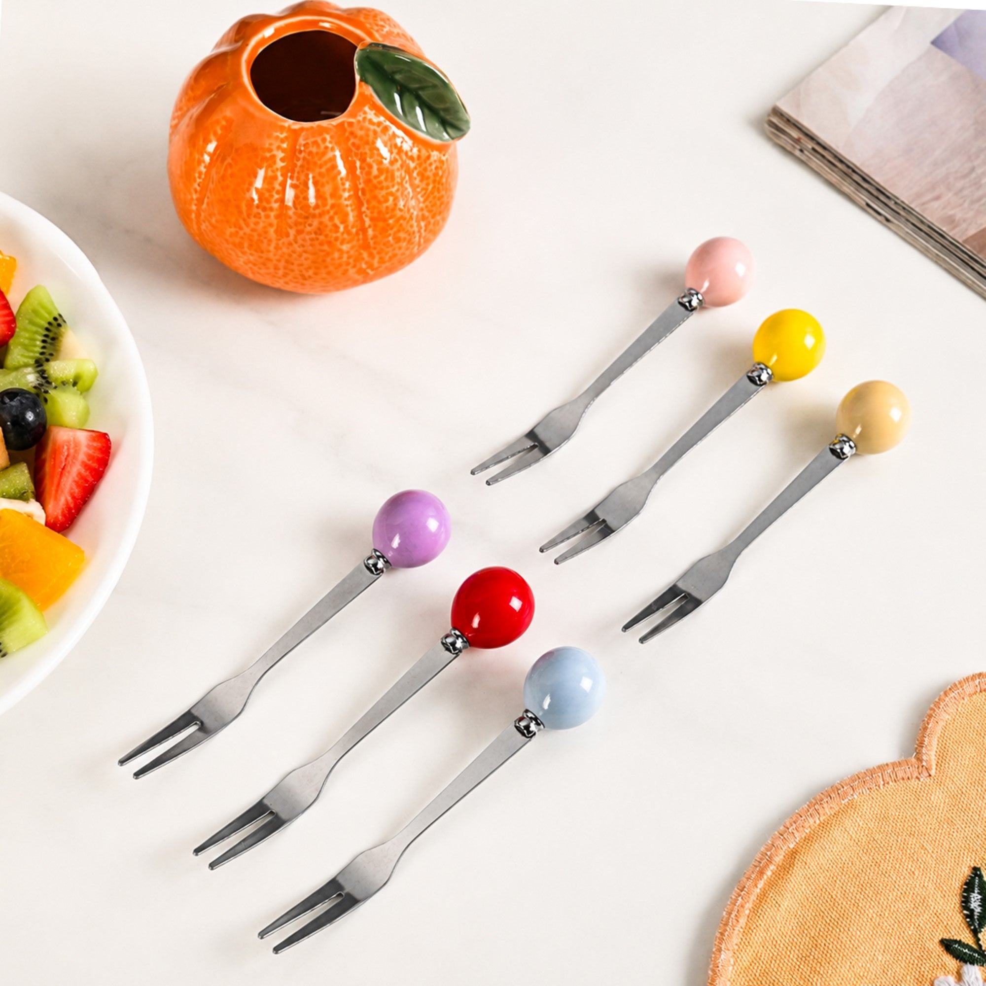 Orange Fruit Fork Set With Ceramic Holder Set Of 7