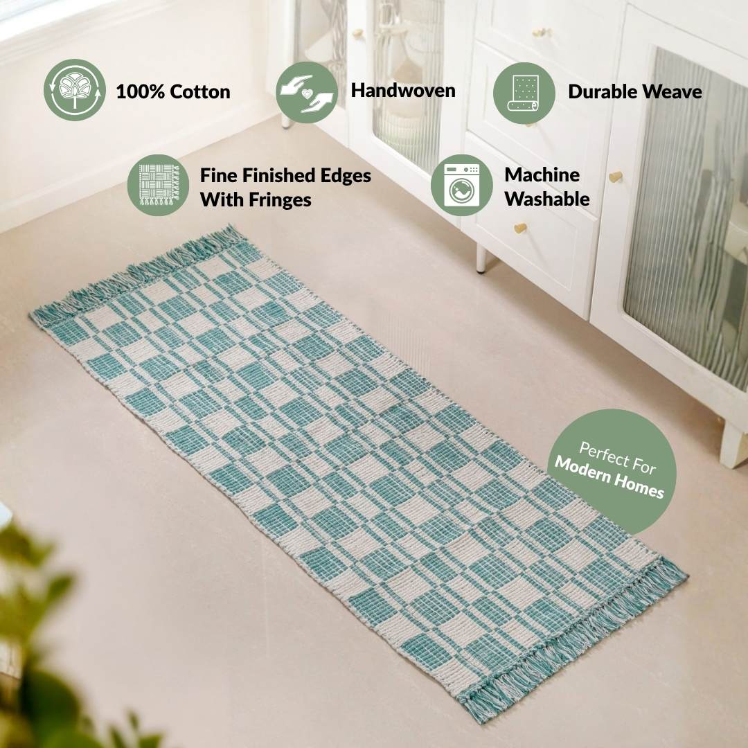 Teal Tide Fringe Cotton Floor Runner 130x50cm